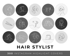 the hair stylist logo is shown in black and white, surrounded by nine circular images