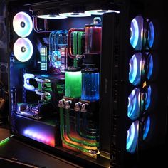 the inside of a computer case with many different colored lights