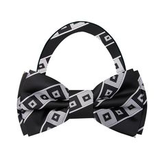 Black and Grey Geometric Blocks Bow Tie This geometric bow tie is made from black and grey silk and features a large block pattern. Wear this bow tie to a formal event with black or grey jacket. Choose From: Single Bow Tie Bow Tie and Pocket Square Material of Bow Tie and Pocket Square: 100% Silk Bow Tie Fits Neck Sizes: 14 - 22” Inches Choose From: Self Tie Pre Tied Pattern On Fabric: Blocks Color Of Fabric: Silver, Black White Bow Tie For Formal Summer Events, White Formal Bow Tie For Summer, White Summer Bow Tie For Formal Occasions, White Formal Bow For Summer, Elegant White Bow For Summer, White Bow Tie For Black-tie Events, Black Bow Tie For Summer Party, Black Summer Party Bow Tie, Classic White Bow For Summer