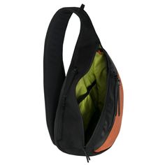 an orange and black sling bag on a white background