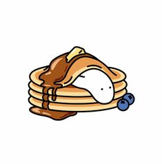 a stack of pancakes with syrup and blueberries on top, drawn in cartoon style