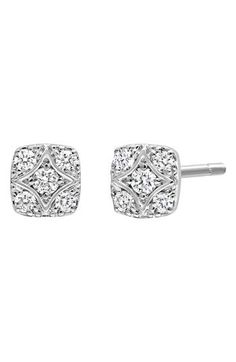 Ten twinkling white diamonds illuminate these stunning square stud earrings handcrafted in 18-karat white gold. 1/8"W x 1/8"L Total diamond weight: 0.1ct. Color: G Clarity: VS 18k gold/diamond Imported >Diamond Guide White Gold Diamond-shaped Earrings With Diamond Accents, Elegant Diamond-shaped Diamond Earrings, Diamond-shaped Diamond Earrings For Formal Occasions, White Gold Diamond-shaped Earrings For Formal Occasions, Elegant Cushion Cut Diamond Earrings, Formal Diamond-shaped Diamond Earrings, Formal White Gold Diamond-shaped Earrings, Cushion Cut Halo Diamond Earrings, Fine Jewelry White Gold Cushion Cut Diamond Earrings