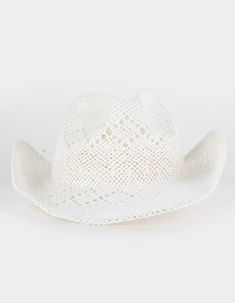 Straw Cowboy Hat. Pinch Crease Front Cowboy Hat. Wide Brim. Sweatband To Help Wick Away Moisture. 100% Paper. Gentle Wash. Hang Dry. Imported. White Straw Cowboy Hat, White Country Straw Hat With Flat Brim, White Country Style Panama Hat For Outdoor, White Western Hat For Spring, Country Style White Panama Hat For Outdoor, White Straw Hat With Short Brim For Country Events, White Country Style Hat With Flat Brim, White Brimmed Country Hat, White Country Style Brimmed Hat