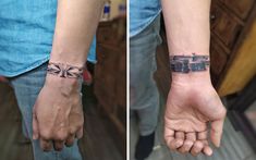 two pictures of people holding hands with tattoos on their wrists and wristbands, one showing