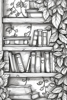 a black and white drawing of bookshelves with leaves