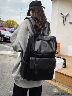 BagForLove - Stylish Black Classic Backpack with Patch Decor Professional Backpack, Backpack Outfit, Unique Backpacks, Backpack Patches, Work Backpack, Business Backpack, Black Patch, Women Camping, College Backpack