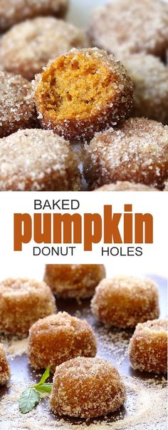 baked pumpkin donut holes on a baking sheet with the words baked pumpkin donut holes above them