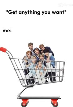 a group of people in a shopping cart with the words get anything you want me