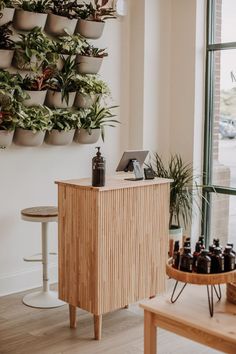 cute modern boho earthy salon decor idea with a plant wall and a clean wood reception desk Diy Reception Desk, Salon Cabin, Boho Salon Decor, Salon Decor Ideas, Tan Salon, Salon Suite Decor, Salon Aesthetic, Small Salon, Spring Garden Decor