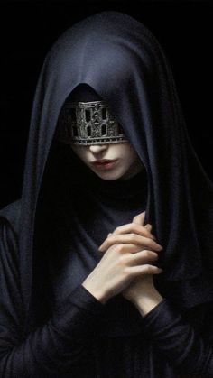 a woman wearing a black veil and holding her hands in front of her face while looking down