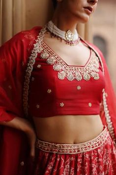 Red lehenga with bloom print and embroidered waistband. Paired with dori, sequin, zardozi embroidered blouse and dupatta. - Aza Fashions Red Lehenga, Dupion Silk, Embroidered Blouse, Silk Printing, Aza Fashion, Lehenga, V Neck, Silk, Red