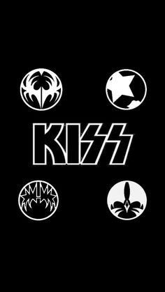 the band kiss logo on a black background with four different logos in white and black