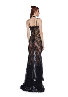 Widow Goth Sheer Stretchy Lace Maxi Dress - Black – Dolls Kill Long Black Lace Dress, Rave Shoes, High Fashion Outfits, Black Dolls, Pride Outfit, Corset Mini Dress, Lace Outfit, Black Doll, Black Lace Dress