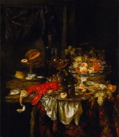 a still life with fruit and vegetables on a table