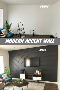 before and after photos of a modern accent wall