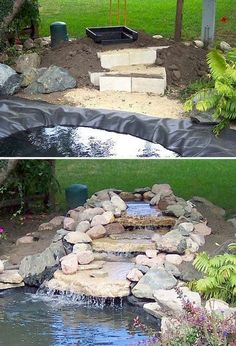 two different views of a small pond in the middle of a yard with rocks and water