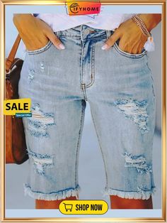 Mid Waist Ripped Denim Half Jeans Ripped Denim, Online Clothing, On Sale, Free Shipping, Clothes