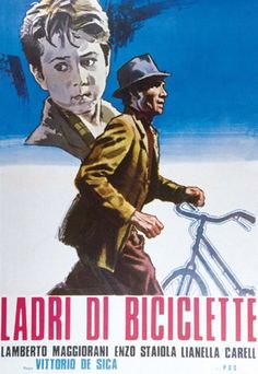 a movie poster for the film lardi di biciclette with a man riding a bike