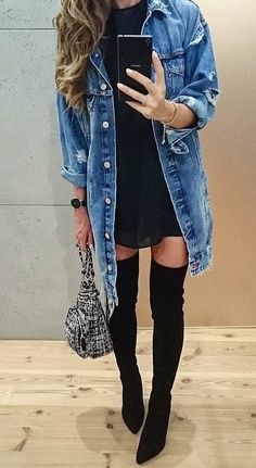 #fall #fashion ·  Denim Coat / Black Dress / Knee Length Boots Knee Boots Outfit, Black Thigh High Boots, 일본 패션, Boating Outfit, Mode Boho, Dress Winter, Dress Boots, Jacket Outfit