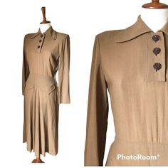 Lovely vision of a vintage dress. So classic and versatile for your vintage closet Metal zipper  1940s Approximately size small With garment laying flat: (Double for circumferences) Shoulder to shoulder: 16 in Bust: 18 in Waist: 13.5 in Hips: 23 in (loose a- line skirt)  Length: 45 in  Small hole in back as pictured Classic Fall Vintage Dress For Workwear, Classic Vintage Dress For Fall Workwear, Classic Vintage Dress For Work In Fall, Vintage Collared Brown Dress, Vintage Brown Collared Dress, Classic Long Sleeve Brown Dress, Vintage Midi Dress For Work, Beige Long Sleeve Retro Vintage Dress, Vintage Brown Workwear Dress