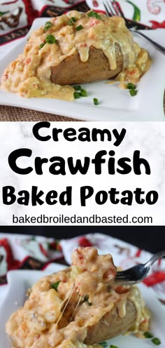 creamy crawfish baked potato on a white plate