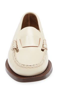 Decorative stitching adds a subtle twist to the toe of this timeless leather loafer finished with a minimalist strap and low heel. Leather upper, lining and sole Made in Spain Classic Calf Leather Loafers With Low Heel, Cream Loafers With Flat Heel For Formal Occasions, Formal Cream Loafers With Rubber Sole, Classic Cream Loafers For Business, Cream Formal Loafers With Flat Heel, Formal Cream Loafers With Flat Heel, Classic Cream Business Loafers, Cream Almond Toe Loafers With Rubber Sole, Cream Loafers With Removable Insole For Formal Occasions