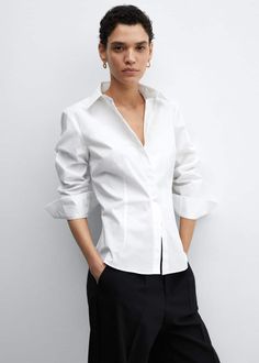 Fitted cotton shirt -  Women | Mango USA Cotton Shirts Women, Flowy Shirt, Tailored Design, Tailored Dress, Suit Style, Straight Trousers, Knit Shirt, Dress Suits, Crop Shirt