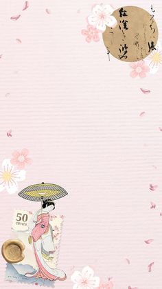 a woman with an umbrella is sitting on the ground in front of flowers and a postcard