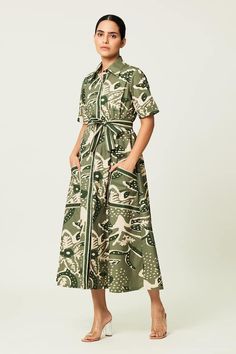 Green and cream midi shirt dress with floral print and patch pockets. - Aza Fashions Shirt Dress For Women, Dress With Floral Print, Types Of Work, Midi Shirt Dress, Dress For Women, Dress Pattern, Aza Fashion, Types Of Sleeves, Floral Print