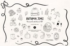 an image of autumn icons drawn in black and white on a paper background with the words autumn tots above it