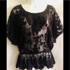 Brand New Without Tag Never Worn Beautiful Black Blouse Medium Size Black Lace Top Blouse With Short Sleeves, Black Lace Top With Short Sleeves For Summer, Black Bohemian Lace Top, Bohemian Black Short Sleeve Blouse, Black Bohemian Blouse For Party, Black Bohemian Top For Night Out, Bohemian Black Tops For Night Out, Black Lace Blouse, Lace Blouse