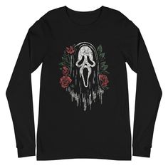 Mix horror with a touch of elegance in this Ghost Face long sleeve tee! Featuring the iconic mask from Scream surrounded by flowers, this design combines chilling vibes with a surprisingly soft aesthetic. Perfect for horror fans who appreciate a unique twist, this shirt lets you show love for the classic slasher with a stylish floral flair. Enrich your wardrobe with a versatile long sleeve tee. For a casual look, combine it with your favorite jeans, and layer it with a button-up shirt, a zip-up hoodie, or a snazzy jacket. Dress it up with formal trousers or chinos to achieve a more professional look. * 100% airlume combed ring-spun cotton * Heather colors are 52% combed and ring-spun cotton, 48% polyester * Athletic Heather is 90% combed and ring-spun cotton, 10% polyester * Fabric weight: Chilling Vibes, Ghostface Scream, Formal Trousers, Ghost Face, Show Love, December 16, Dec 25, Professional Look, Favorite Jeans