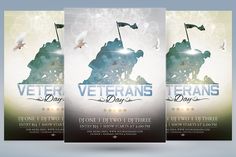 two veterans day flyer templates with an image of a soldier holding a flag and flying a