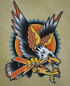 an orange and black eagle tattoo design on a tan background with blue, red, and yellow accents