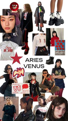 A collage feautiring different women wearing red and black themed clothes and makeup Leo Fashion Zodiac Style, Venus In Aries Style Outfits, Aries Venus Aesthetic Style, Pisces Rising Outfit, Aries Rising Outfits, Venus In Aries Fashion, Aries Fashion Aesthetic, Venus In Aries Aesthetic Outfit, Aries Venus Fashion