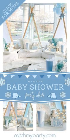 a baby shower party with snowflakes and blue decorations on the windowsills