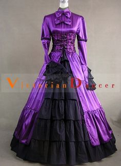 amp;nbsp;      Purple Long Sleeves Victorian Gothic Corset Dress       Description: Royal Purple Victorian Gothic Corset Dress is full of mystery and lure, both Luxuriant and dark. About death, about horror, about mystery, about riddle, these are all the Gothic lolita try to express. Such a ruiness feeling. A special and gorgeous creation of the god, look at this one, vivid purple and black with empire waist to shape the figure, beautiful ruffles decorated the whole piece to perfect. A totally e Purple And Black Prom Dress, Gothic Ball Gown, Ball Gowns Victorian, Gothic Corset Dresses, Gothic Victorian Dresses, Victorian Dresses, Long Sleeve Ball Gowns, Victorian Corset, Black Prom Dress