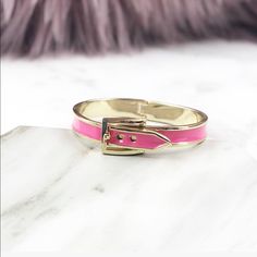 Pink Enamel Gold Belt Bracelet. Has 3 Holes For Adjustable Closure. Perfect Piece For Any Arm Candy Collection. Diameter Measures Approximately 2.5” X 2” And 0.25" In Height Chic Pink Bracelets For Party, Chic Adjustable Pink Bracelets, Chic Adjustable Pink Bracelet, Pink Bangle Jewelry, Candy Collection, Gold Belt, Gold Belts, Pink Enamel, Fancy Jewelry