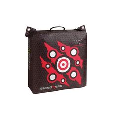 a red and black bag with circles on it