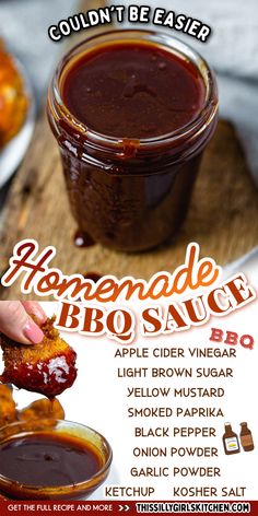 an advertisement for homemade bbq sauce on a cutting board with other foods in the background