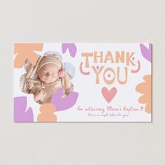 a baby's birth thank card with an image of a baby holding a teddy bear