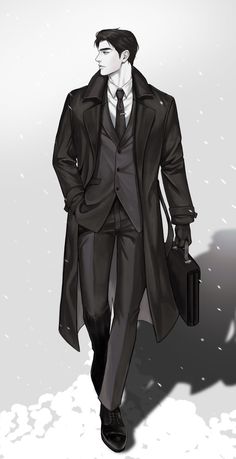 a drawing of a man in a suit and tie walking through the snow holding a briefcase