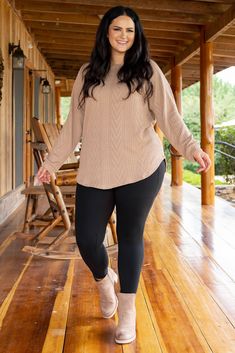 Our ALL NEW Slouchy is here!!! This mushroom cableknit tunic has a flattering CURVED hem, our signature dolman sleeves and long loose fit! This tunic is going to be your new go-to piece for the Fall and Winter or any time of year, really! It is seriously the softest material ever, and the neutral color makes it SO easy to style! Pair it with leggings, skinnies, booties, flats, a scarf, some glam accessories...seriously the opportunities are endless!! This comfy, cute beauty is a no-brainer!! 97% Flattering Plus Size Fall Outfits, Legging Oversized Sweater, Dressing Up Leggings Plus Size, Plus Size Fall Fashion For Women Date Night, Plus Neutral Outfits, Winter Vacation Outfits Plus Size, Tennessee Outfits Plus Size, Plus Size Neutral Outfit Fall, Big Girl Fall Outfits