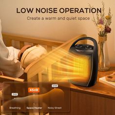 an image of a person in bed with the words low noise operation create a warm and quiet space