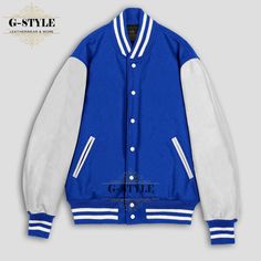 This is Royal & White Varsity Jacket is made of High Quality Wool and Cowhide Leather Sleeves. The Front of this Jacket is Snaps Closure. Collar and Cuffs of the Jacket are Rib Knitted.  It has Four Pockets (Genuine Leather trim is used on the Pockets).  Polyester Quilted Lining is used inside to make you feel warm and comfortable. NOTE: ● Please look at the product images and carefully select your required size. ● Product color may vary due to photographic lighting sources or your monitor setti Blue Varsity Jacket With Baseball Collar, Blue College Track Jacket With Pockets, Blue Long Sleeve Fleece Jacket For Streetwear, Blue Track Jacket With Pockets For College, Blue Winter Track Jacket With Baseball Collar, Blue Fleece Jacket For Streetwear, Blue Varsity Hooded Track Jacket, Blue Winter Track Jacket For College, Blue Hooded Track Jacket For College