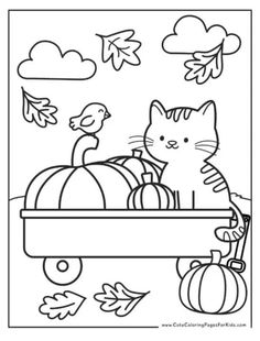 a coloring page with a cat in the wagon