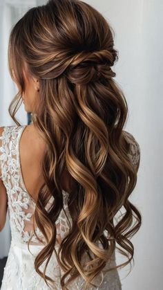 Show off your long locks with these beautiful half-up half-down hairstyles. From elegant to edgy, there's a style for every taste. #halfuphalfdown #longhair #hairstyles #hairtutorial #longhairhairstyles Bridal Hair Ideas With Veil Half Up, Bridal Half Up Half Down With Headband, Half Up Half Down Wedding Hair Maid Of Honor, Wedding Hair With Veil Medium Length, Wedding Hair For Lace Dress, Bridal Partial Updo, Bridal Half Up Braid, Medium Length Wedding Hairstyles Down, Bridal Hair Half Up With Veil Brunette