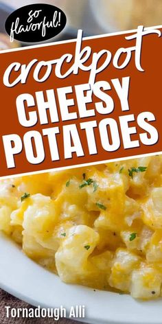 this is an image of crockpot cheesy potatoes on a white plate