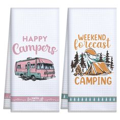 two tea towels with the words happy campers and an rv on them, both printed in different colors