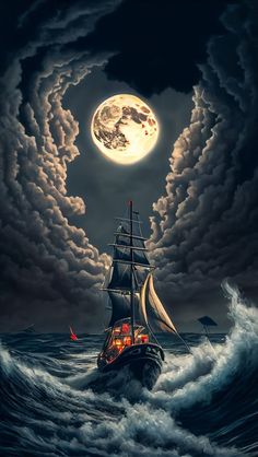 a painting of a ship sailing in the ocean under a full moon with dark clouds